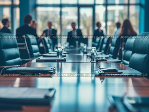 Boardroom table set for a meeting with business executives in blurred background. Стоковое AI-изображение, AI-художник Ксения Лаптева / Фотобанк Лори