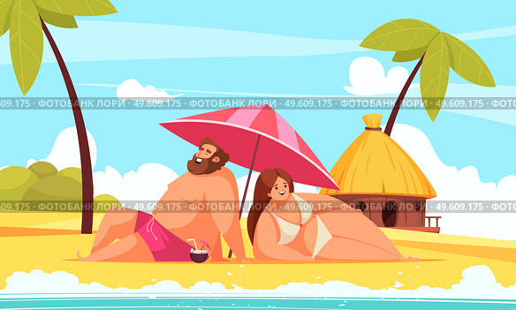 Body positive cartoon background with happy chubby man and woman lying under umbrella on beach vector illustration. Body Positive Background. Стоковая иллюстрация, агентство Ingram Publishing / Фотобанк Лори