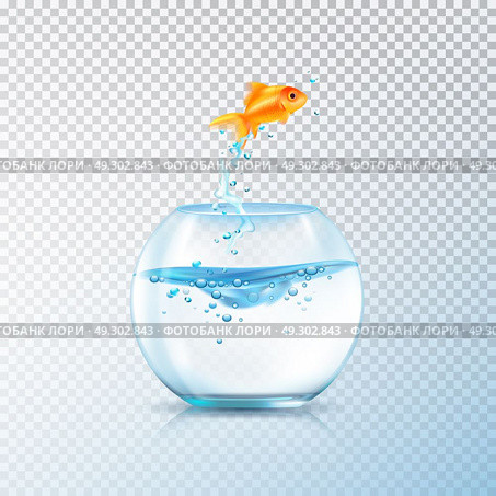 Boiling Fish Aquarium Composition. Fish jumping out bowl composition with realistic aquarium vessel and golden carp fish on transparent background vector illustration. Стоковая иллюстрация, агентство Ingram Publishing / Фотобанк Лори
