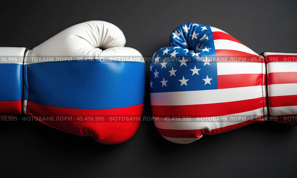 Боксерские перчатки в цветах флагов России и США. Концепция противостояния государств. Стоковое AI-изображение, AI-художник Илья Старков / Фотобанк Лори