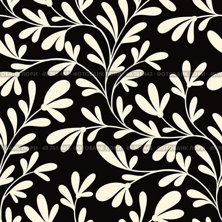 Bold pattern featuring cream branches and leaves against a black background.. Trailing Cream Branches on Black. Стоковое фото, агентство Ingram Publishing / Фотобанк Лори