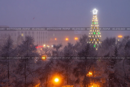 Большая новогодняя ёлка в городском сквере. Зимний городской пейзаж. Красивая рождественская ель, украшенная гирляндами и звездой. Вид сверху на деревья. Холодная погода. Праздничное новогоднее и рождественское настроение. Город Иркутск, Иркутская область, Россия. Редакционное фото, фотограф Андрей Степанов / Фотобанк Лори
