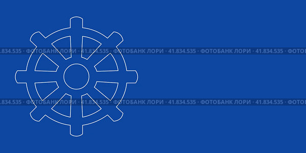 Большой белый контурный символ колеса слева. Выполнен в виде тонких белых линий. Иллюстрация на синем фоне. Стоковая иллюстрация, иллюстратор Карпенко Алексей / Фотобанк Лори