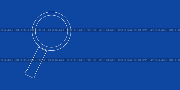 Большой белый контурный символ лупы слева. Выполнен в виде тонких белых линий. Иллюстрация на синем фоне. Стоковая иллюстрация, иллюстратор Карпенко Алексей / Фотобанк Лори