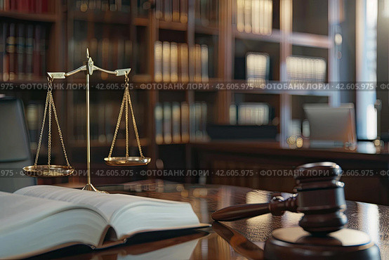 Books on jurisprudence, a judge's hammer and scales in the judge's office. The concept of justice. Стоковое AI-изображение, AI-художник Ярославский Максим / Фотобанк Лори
