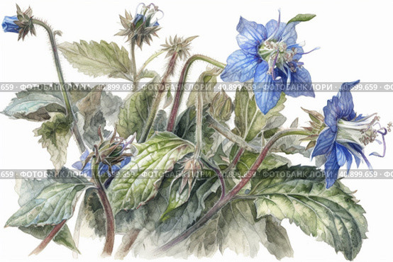 Borage on a white background, watercolor painting , Generative AI. Стоковое AI-изображение, AI-художник Анна Кривицкая / Фотобанк Лори