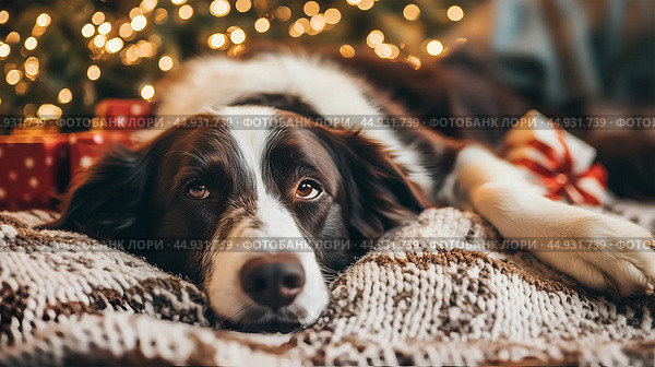 Border Collie relaxing near a decorated Christmas tree with gifts on a cozy blanket. Стоковое AI-изображение, AI-художник Ксения Лаптева / Фотобанк Лори