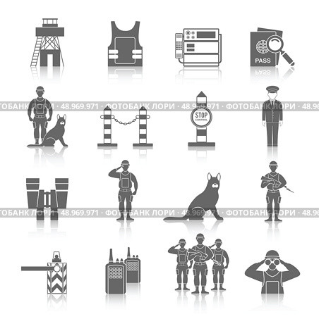 Border guard icon black set with frontier inspection security check isolated vector illustration. Стоковая иллюстрация, агентство Ingram Publishing / Фотобанк Лори