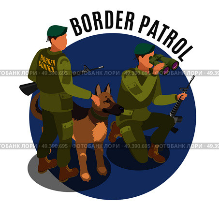 Border patrol isometric round composition frontier guards with binoculars and german shepherd on blue background vector illustration. Border Patrol Isometric Composition. Стоковая иллюстрация, агентство Ingram Publishing / Фотобанк Лори