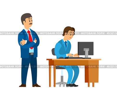 Boss company leader supervising new office worker vector. Director dissatisfied with novice working on personal computer. Unsure new employed person. Boss Company Leader Supervising New Office Worker. Стоковая иллюстрация, агентство Ingram Publishing / Фотобанк Лори