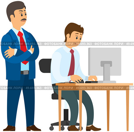 Boss gives instructions to subordinates at workplace, work of department, company. Group of clerks at computer. Managers, colleagues, office workers. Characters busy, people works with laptop. Boss gives instructions to subordinates at workplace, work of department, company teamwork. Стоковая иллюстрация, агентство Ingram Publishing / Фотобанк Лори
