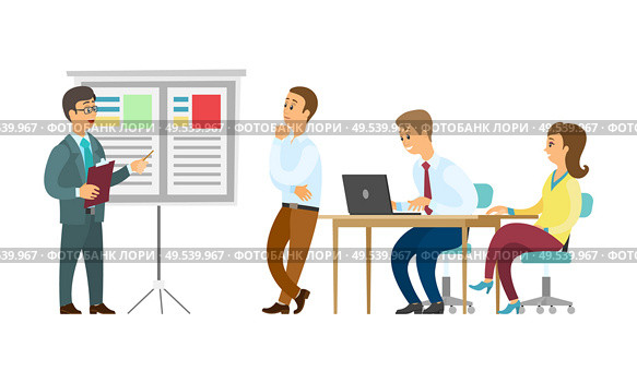 Boss giving presentation on whiteboard vector, business plan conference. Presenter with information, seminar and sitting listeners with laptops, meeting. Presenter  and Whiteboard Workers Listening to Boss. Стоковая иллюстрация, агентство Ingram Publishing / Фотобанк Лори