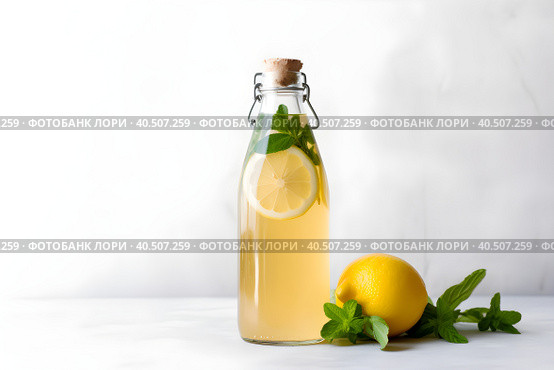 Bottle of kombucha with lemon and mint on white background with copy space. Generative AI. Стоковое AI-изображение, AI-художник Александра Селина / Фотобанк Лори