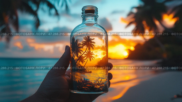 Bottle with palm trees at sunset captures tropical paradise on the beach during golden hour. Рука держит стеклянную бутылку с миниатюрным пейзажем с пальмами и безмятежным пляжем на закате. Яркие краски наполняют небо, когда солнце опускается за горизонт, создавая волшебную сцену. Стоковое AI-изображение, AI-художник Katsiaryna Repich / Фотобанк Лори