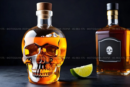 Bottles with alcohol and lime near skull , concept of the harm of alcohol. Стоковое AI-изображение, AI-художник Наталья Симакова / Фотобанк Лори