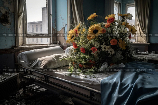 Bouquet of flowers on hospital bed, bombed city view. Generate Ai. Стоковое AI-изображение, AI-художник Иван Рябоконь / Фотобанк Лори