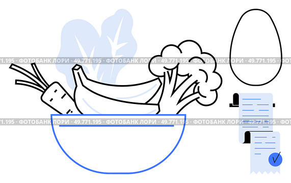 Bowl filled with carrot, banana, broccoli and leafy greens highlights nutrition and diet themes. Includes checklist and abstract oval shape. Ideal for health, wellness, meal planning, nutrition. Fresh Vegetables and Fruit in Bowl with Checklist for Healthy Eating and Diet Planning. Стоковая иллюстрация, агентство Ingram Publishing / Фотобанк Лори