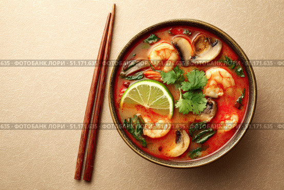 Bowl of Tom Yum Shrimp and Mushroom hot soup, garnished with fresh coriander leaves, herbs, lime slices, chili peppers. Beige table background, chopsticks pair. Traditional Thai Prawn Tom Yum Soup. Стоковое AI-изображение, AI-художник Марина Демидюк / Фотобанк Лори