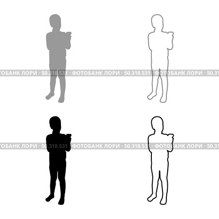 Boy holding smartphone phone Playing tablet Male using communication tool Adolescent looking phone addiction Concept dependency from modern technologies silhouette grey black color vector illustration solid outline style simple image. Boy holding smartphone phone Playing tablet Male using communication tool Adolescent looking phone addiction Concept dependency from modern technologies silhouette grey black color vector illustration solid outline style image. Стоковая иллюстрация, агентство Ingram Publishing / Фотобанк Лори