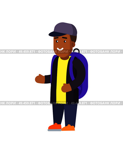 Boy of young age with rucksack for personal stuff, wearing purple cap to stay cooled, traveler having happy expression isolated on vector illustration. Airport Transportation Set Vector Illustration. Стоковая иллюстрация, агентство Ingram Publishing / Фотобанк Лори
