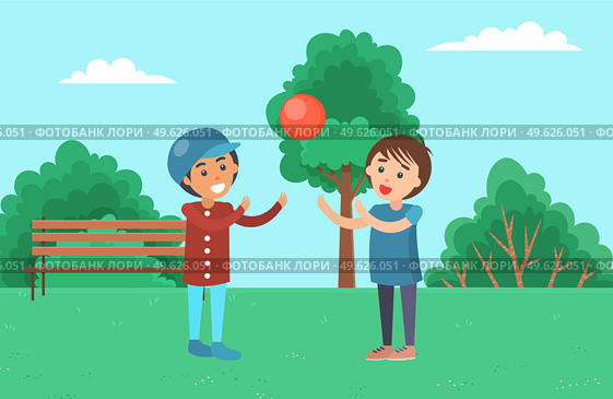 Boys play with a ball while walking on the street. Children spend time outdoors vector illustration. Guys raise their hands to throw and hit the red ball. Friends playing together in the park. Boys play with a ball while walking on the street. Children spend time outdoors vector illustration. Стоковая иллюстрация, агентство Ingram Publishing / Фотобанк Лори