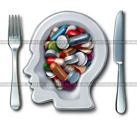 Brain drugs and neuroscience medicine concept as a dinner plate with knife and fork shaped as a human head with medication as pills and capsules as a smart drug mental health symbol for research in new neurology therapy. Стоковое фото, агентство Ingram Publishing / Фотобанк Лори