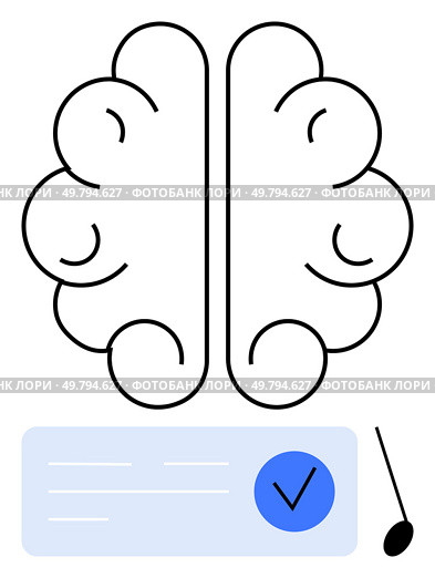 Brain formed by abstract lines above a checklist with blue tick mark and check box. Ideal for mental health, cognitive development, education, productivity, decision-making, analysis, creativity. Abstract Brain Illustration with Checklist and Tick Mark for Cognitive and Analytical Themes. Стоковая иллюстрация, агентство Ingram Publishing / Фотобанк Лори