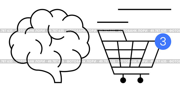 Brain outline alongside shopping cart with notification badge signaling three items. Ideal for online shopping, e-commerce, marketing, consumer behavior, cognitive processes, technology, education. Shopping Cart Checkout Process and Brain Intelligence Concept with Notification Badge. Стоковая иллюстрация, агентство Ingram Publishing / Фотобанк Лори
