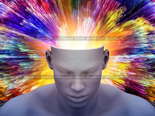 Brain Power. 3D illustration of human head with color motion trails for subjects on art, psychology, creativity, imagination and dreams. Стоковое фото, агентство Ingram Publishing / Фотобанк Лори