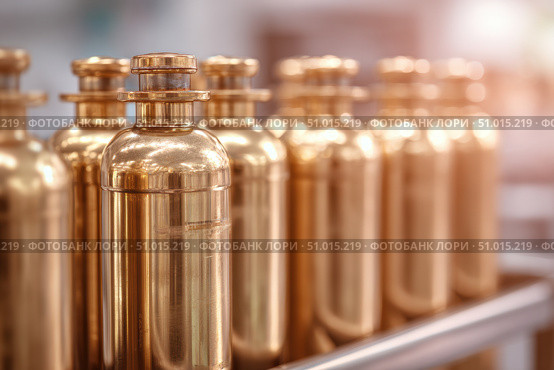 Brass oxygen tanks. Bundle of gas cylinder and high pressure gauges, meter, valve. Many argon cylinders with compressed gas for industry, welding. Fuel manufacturing. Liquefied gas production, factory. Стоковое AI-изображение, AI-художник Марина Демидюк / Фотобанк Лори