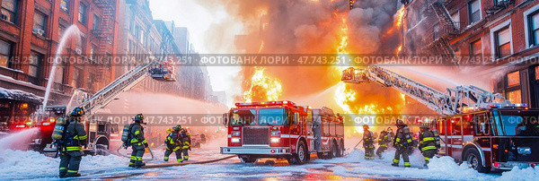 Bravery Under Fire: Firefighter Squad Combats Building Inferno with Water and Courage, A display of courage and teamwork. Стоковое AI-изображение, AI-художник Данила Большаков / Фотобанк Лори