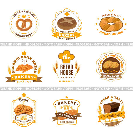 Bread Bakery Emblems Flat Icons Set. Family business traditional bakery emblems collection for daily fresh bread cookies and pastry abstract vector isolated illustration  . Стоковая иллюстрация, агентство Ingram Publishing / Фотобанк Лори