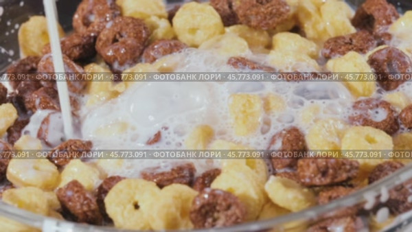 Breakfast Chocolate corn cereal in a bowl with milk. Стоковое видео, видеограф Андрей Армягов / Фотобанк Лори