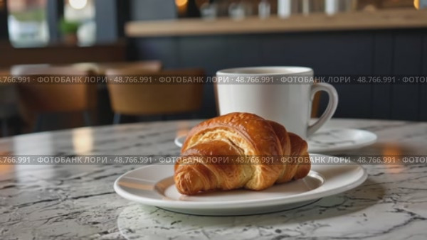 Breakfast view a bunch of croissant and a cup of coffee on the table. Стоковое AI-видео, аниматор Ирина Старикова / Фотобанк Лори