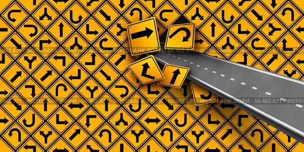 Breaking Free From Confusion and focused on avoiding distraction as a business success concept with focus as a road breaking free from confusing highway signs in a 3D illustration style. Стоковое фото, агентство Ingram Publishing / Фотобанк Лори