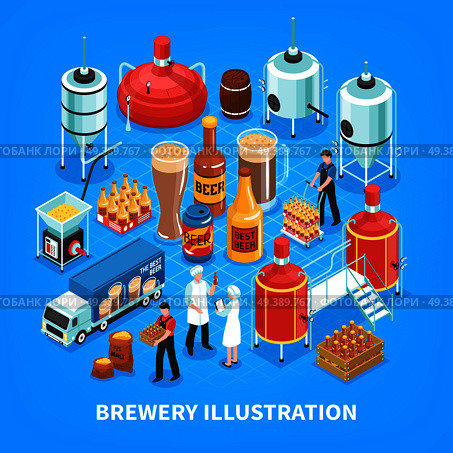 Brewery production isometric elements composition with barley grain milling  mashing boiling fermentation bottling blue background vector illustration . Brewery Isometric Composition. Стоковая иллюстрация, агентство Ingram Publishing / Фотобанк Лори