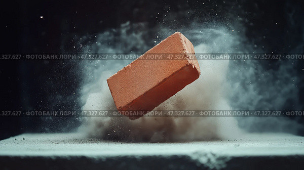 Brick collapses in dust cloud during construction scene in workshop. Красный кирпич падает на бетонную поверхность, поднимая облако пыли. Этот момент запечатлен в строительной мастерской, что подчеркивает удар и образовавшиеся обломки. Стоковое AI-изображение, AI-художник Katsiaryna Repich / Фотобанк Лори