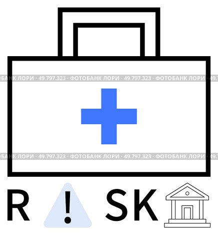 Briefcase with blue cross, exclamation point in a triangle, and bank building outline. Ideal for healthcare, finance, insurance, safety protocols, emergency planning medical risk strategy. Line. Healthcare Risk Management Concept with Briefcase, Blue Cross, Exclamation Point, and Bank Building. Стоковая иллюстрация, агентство Ingram Publishing / Фотобанк Лори