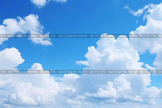 Bright blue sky with fluffy white clouds creating a peaceful atmosphere. Стоковое AI-изображение, AI-художник Иван Рябоконь / Фотобанк Лори