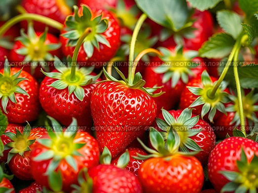 Bright colorful edible background of ripe strawberries. Fresh ripe strawberry.Vibrant still life. Close up. Стоковое AI-изображение, AI-художник Iva Noel / Фотобанк Лори