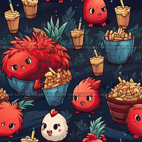 Bright colorful pattern with children's fast food on a blue background. Kawaii style. Стоковое AI-изображение, AI-художник Ярославский Максим / Фотобанк Лори