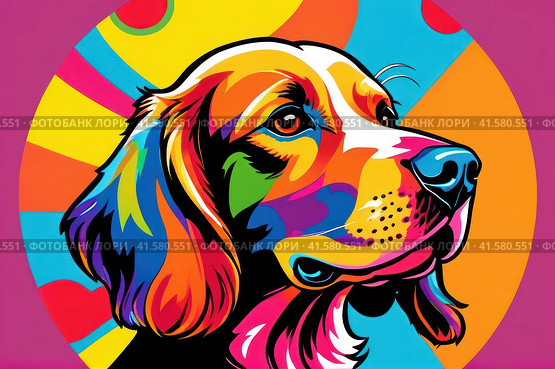 Bright drawing of dog, cocker spaniel, on T-shirt on dark background. Satirical, pop art style, vibrant colors, iconic characters, action-packed, suitable for mascot, logo or reproduce on canvas. AI. Стоковое AI-изображение, AI-художник Sergey Grishin / Фотобанк Лори