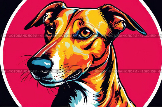 Bright drawing of dog, greyhound, on T-shirt on dark background. Satirical, pop art style, vibrant colors, iconic characters, action-packed, suitable for mascot, logo or reproduce on canvas. AI. Стоковое AI-изображение, AI-художник Sergey Grishin / Фотобанк Лори