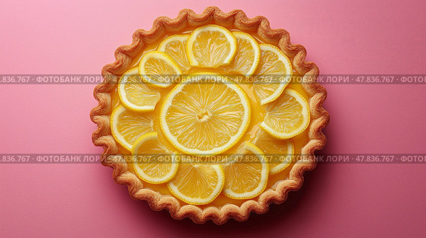 Bright lemon tart decorated with fresh lemon slices on pink background. Яркий лимонный пирог, украшенный ломтиками свежего лимона, на розовом фоне. Стоковое AI-изображение, AI-художник Katsiaryna Repich / Фотобанк Лори