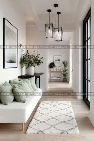 Bright modern entryway interior with elegant decor, plants and lighting. Стоковое AI-изображение, AI-художник Катерина Бондарец / Фотобанк Лори