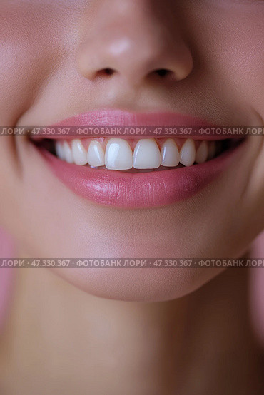 Bright smile with perfect teeth captured in a warm indoor setting. Крупным планом показана улыбающаяся женщина с идеально выровненными белыми зубами. Естественный цвет губ подчеркивает ее жизнерадостное выражение лица при мягком освещении. Стоковое AI-изображение, AI-художник Katsiaryna Repich / Фотобанк Лори