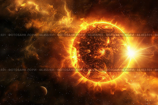 Bright sun against dark starry sky in Solar System. Sun in Space. Solar Surface Activity, Corona. Heatwave hot sun. Climate Change. Global Warming. Temperature of Summer season. Geomagnetic storm. Стоковое AI-изображение, AI-художник Марина Демидюк / Фотобанк Лори