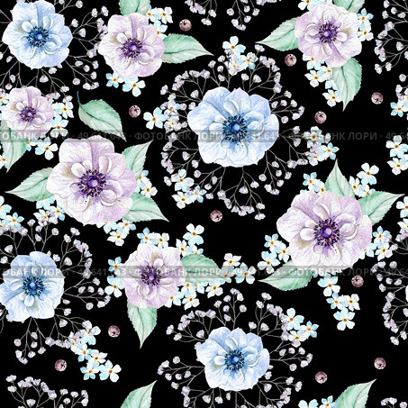 Bright watercolor pattern with anemone flowers, forget-me-nots and leaves. Illustration. Bright watercolor pattern with anemone flowers, forget-me-nots and leaves. . Стоковое фото, агентство Ingram Publishing / Фотобанк Лори