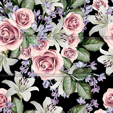 Bright watercolor seamless pattern with flowers lilies, roses and lilacs. illustrations. Bright watercolor seamless pattern with flowers lilies, roses and lilacs. . Стоковое фото, агентство Ingram Publishing / Фотобанк Лори
