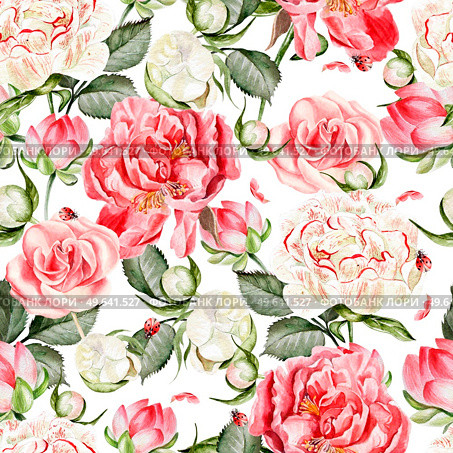 Bright watercolor seamless pattern with flowers peony, lotus. Illustration. Bright watercolor seamless pattern with flowers peony, lotus. Стоковое фото, агентство Ingram Publishing / Фотобанк Лори
